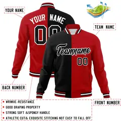 Black Red-Black Two Tone Split Varsity Full-Snap Letterman Jacket 4