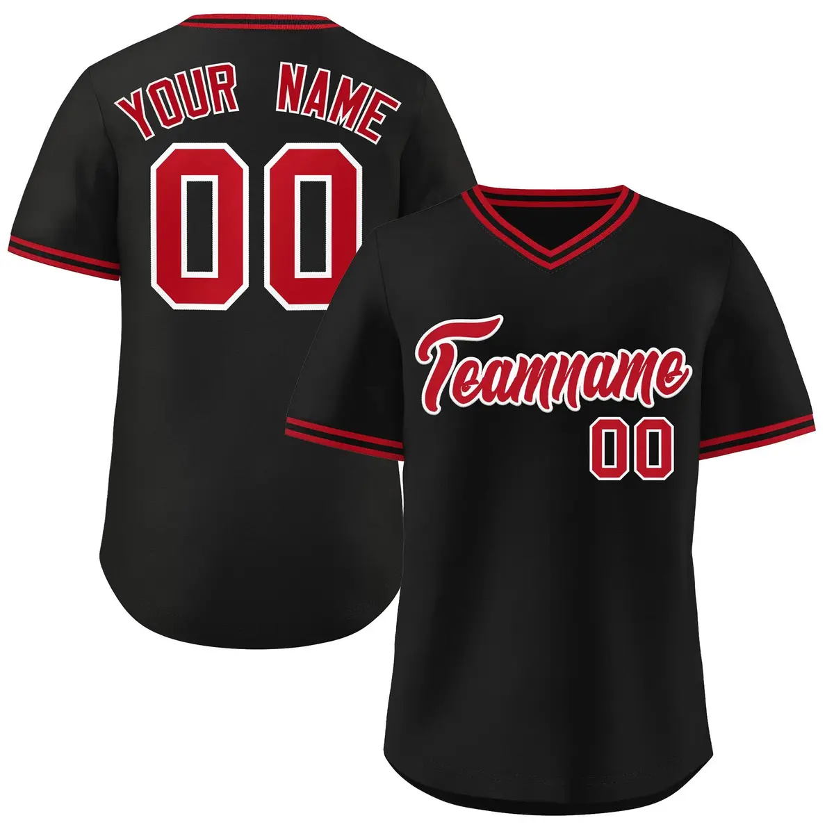 Black Red-Black V-Neck Pullover Baseball Jersey
