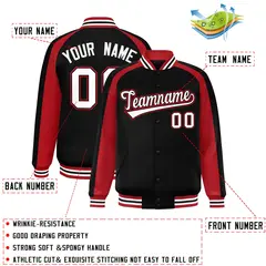 Black Red Color Block Raglan Varsity Letterman Jacket 2