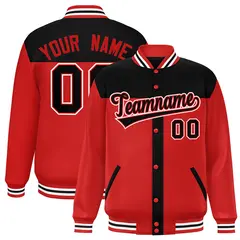 Black Red Color Block Varsity Bomber Baseball Jacket 1
