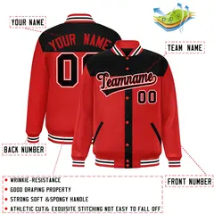 Black Red Color Block Varsity Bomber Baseball Jacket 2