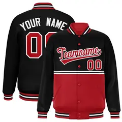 Black Red Color Block Varsity Full-Snap Letterman Jacket 1
