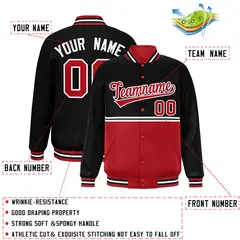 Black Red Color Block Varsity Full-Snap Letterman Jacket 2