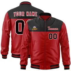 Black Red Color Block Varsity Full-Zip Letterman Bomber Jacket