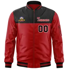 Black Red Color Block Varsity Full-Zip Letterman Bomber Jacket 3
