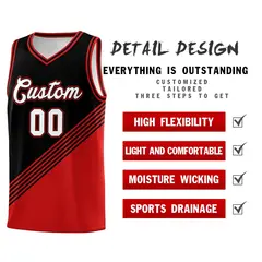 Black Red Diagonal Stripes Color Block Basketball Jersey 2