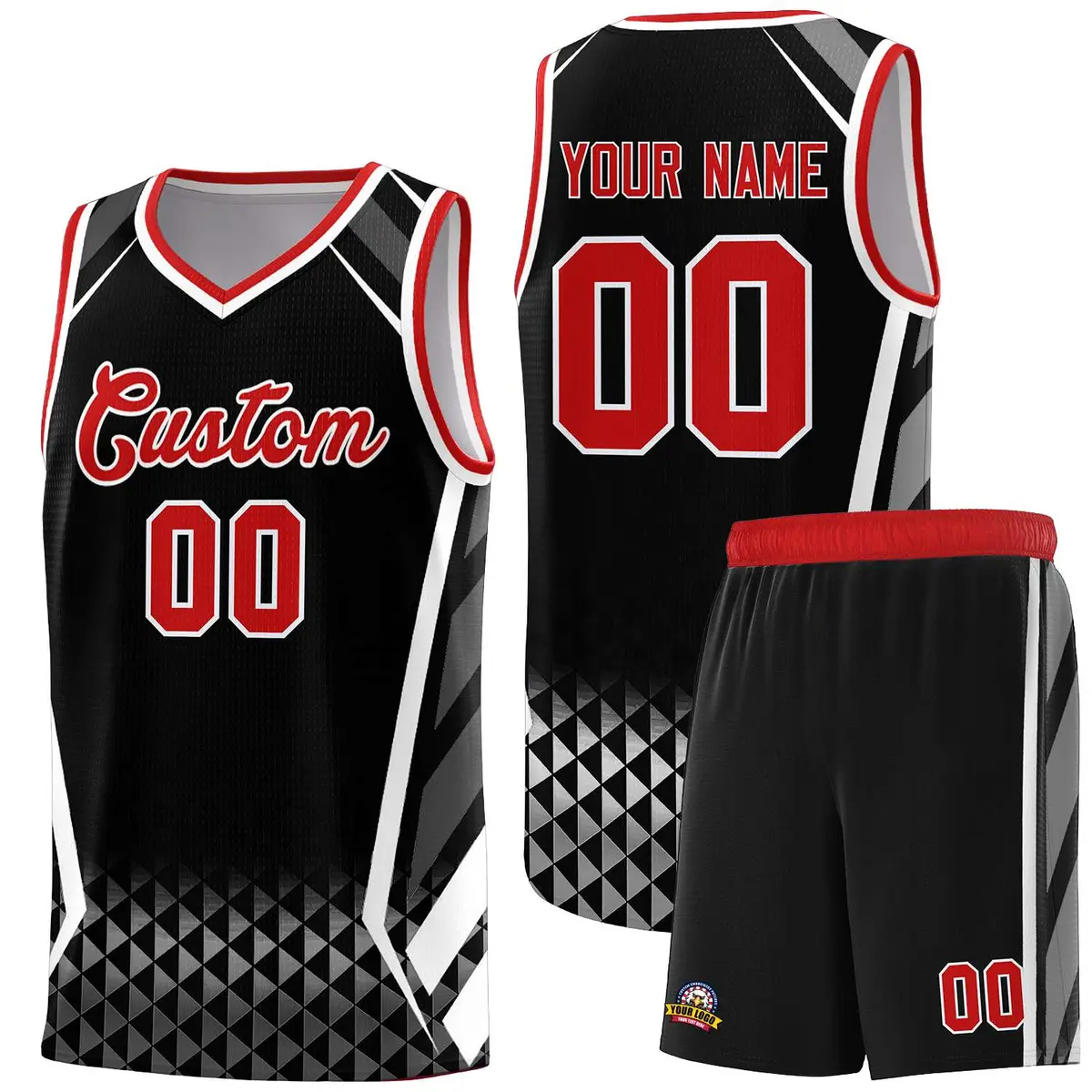 Black Red Diamond Pattern Side Slash Basketball Jersey