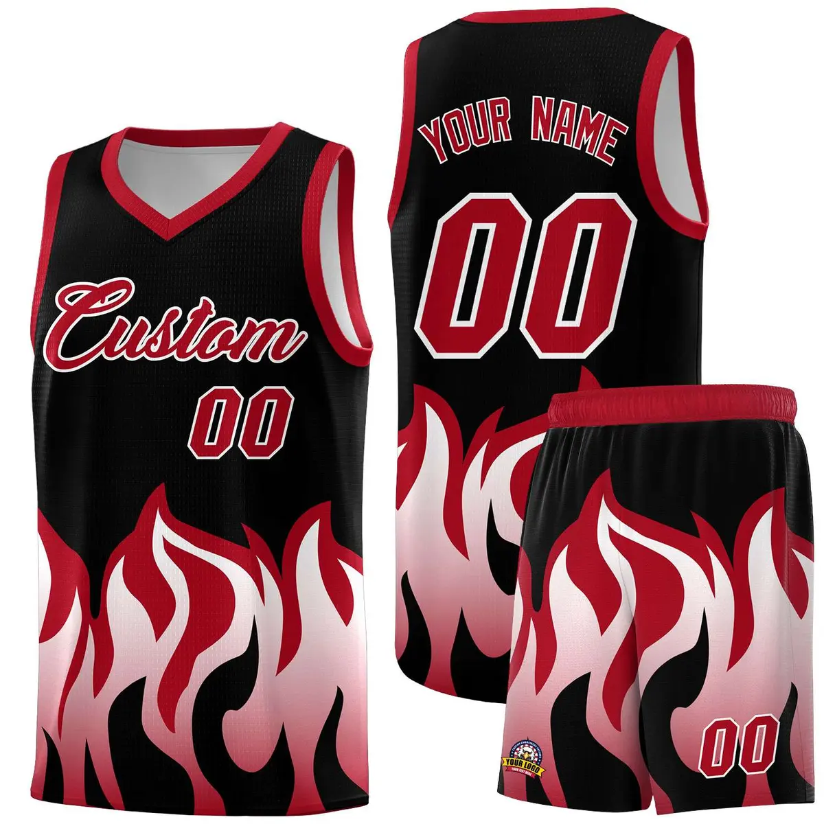 Black Red Flame Pattern Hem Sports Uniform Basketball Jersey