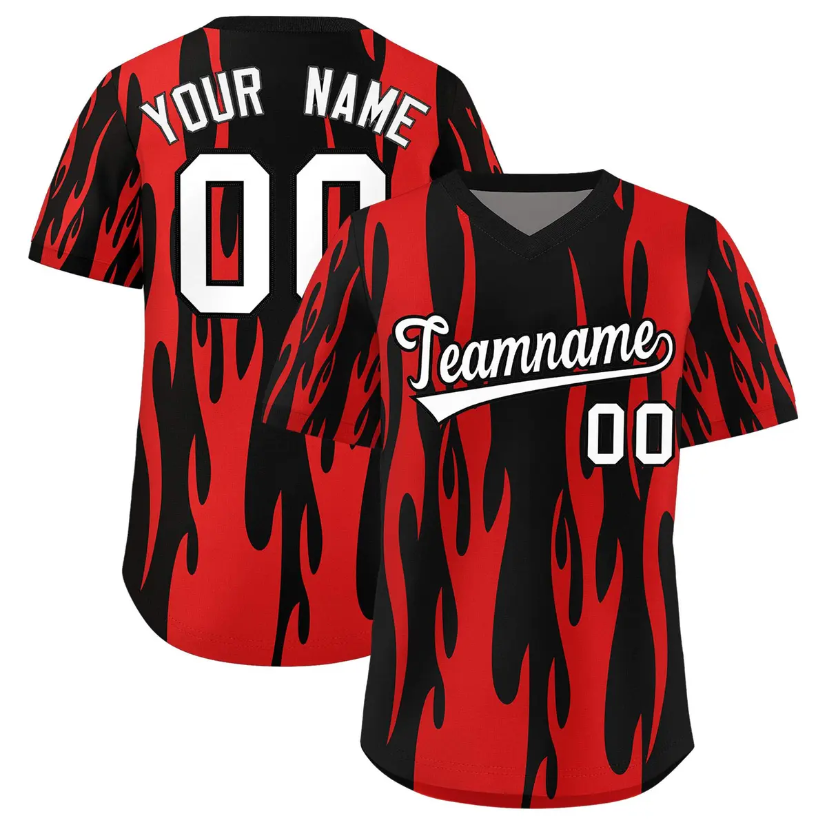 Black Red Flame Pattern Pullover Baseball Jersey