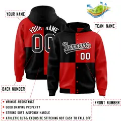 Black Red Four Squares Color Block Varsity Letterman Jacket Hoodie 4