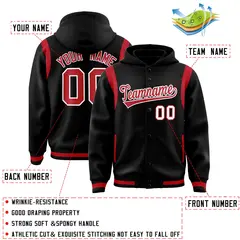 Black Red Full-Snap Varsity Letterman Shoulder Color Block Jacket Hoodie 4