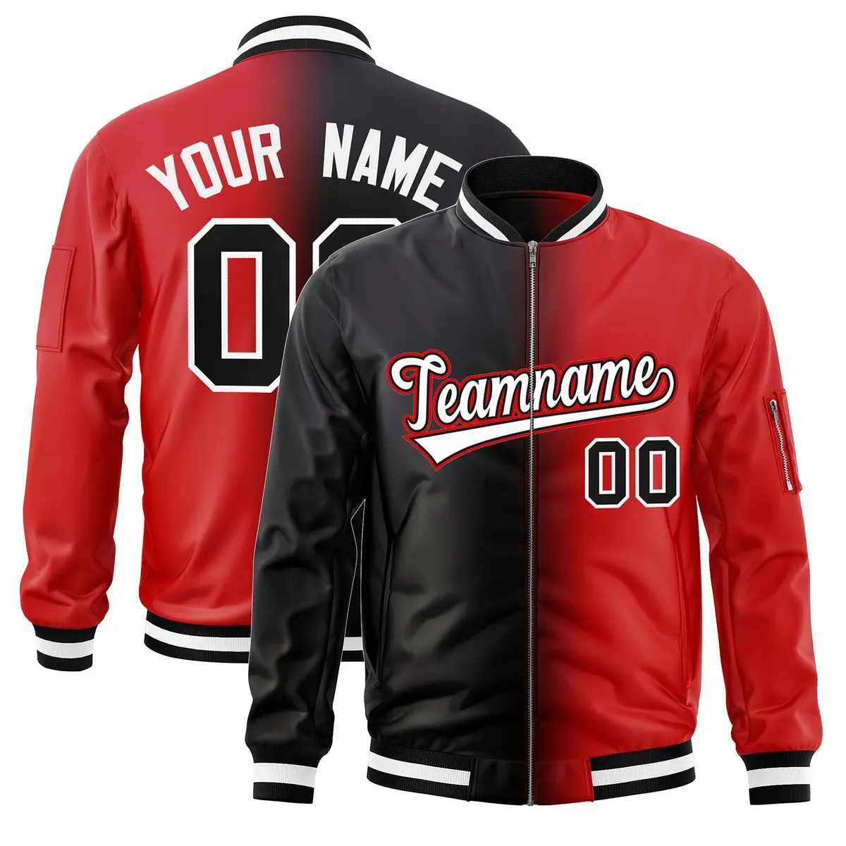 Black Red Full-Zip Gradient Fashion Letterman Bomber Jacket