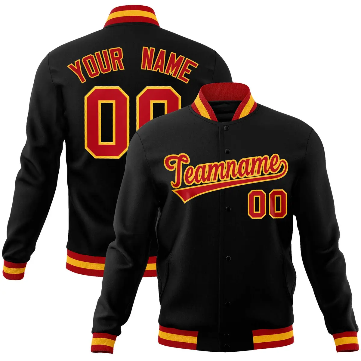 Black Red-Gold Classic Varsity Full-Snap Letterman Jacket