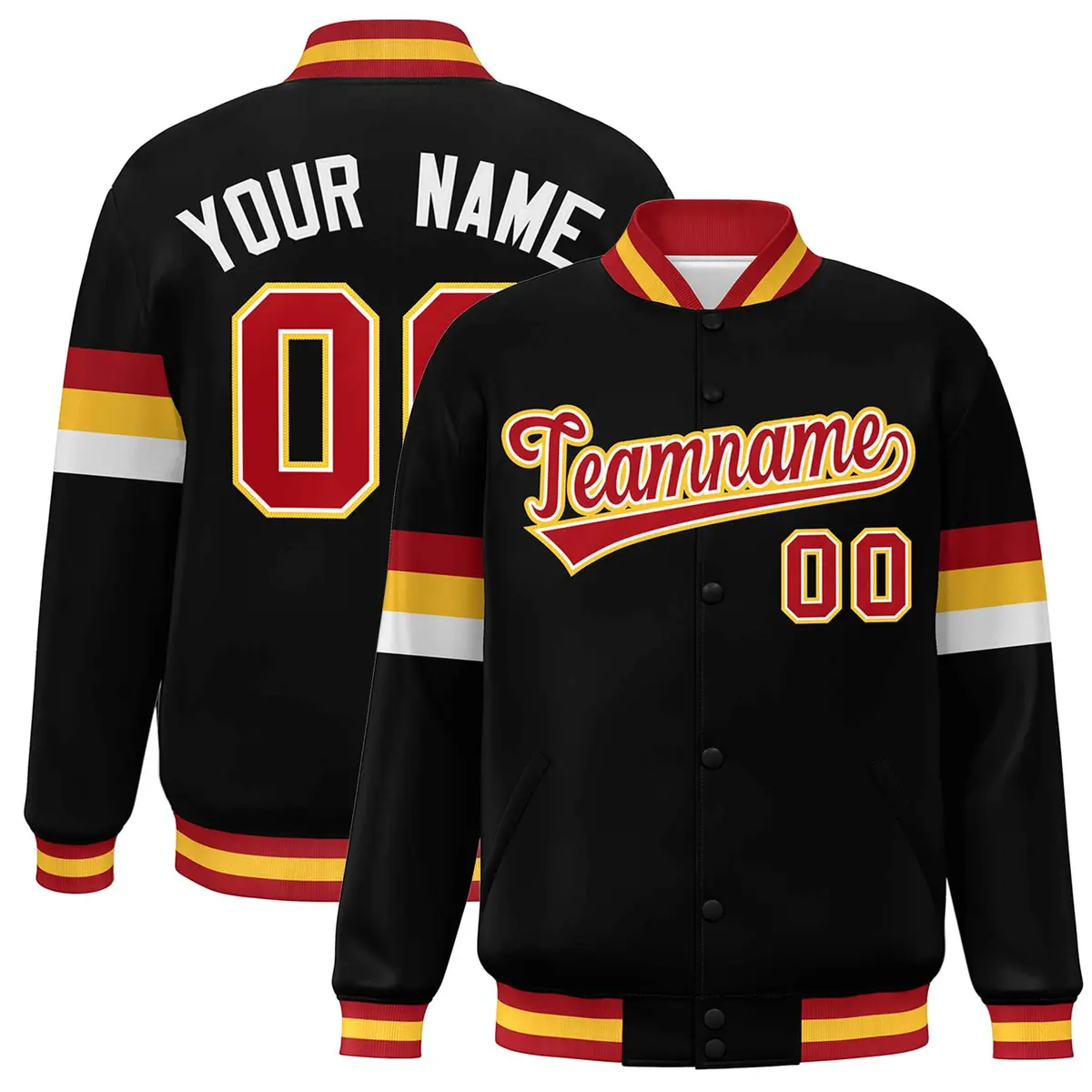 Black Red-Gold Color Block Varsity Full-Snap Baseball Jacket