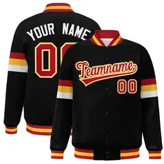 Black Red-Gold Color Block Varsity Full-Snap Baseball Jacket 1