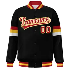 Black Red-Gold Color Block Varsity Full-Snap Baseball Jacket 3