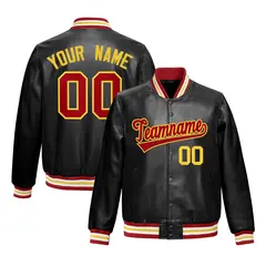 Black Red Gold Full-Snap Faux Leather Varsity Letterman Jacket 1