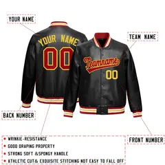 Black Red Gold Full-Snap Faux Leather Varsity Letterman Jacket 2