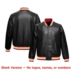 Black Red Gold Full-Snap Faux Leather Varsity Letterman Jacket 6