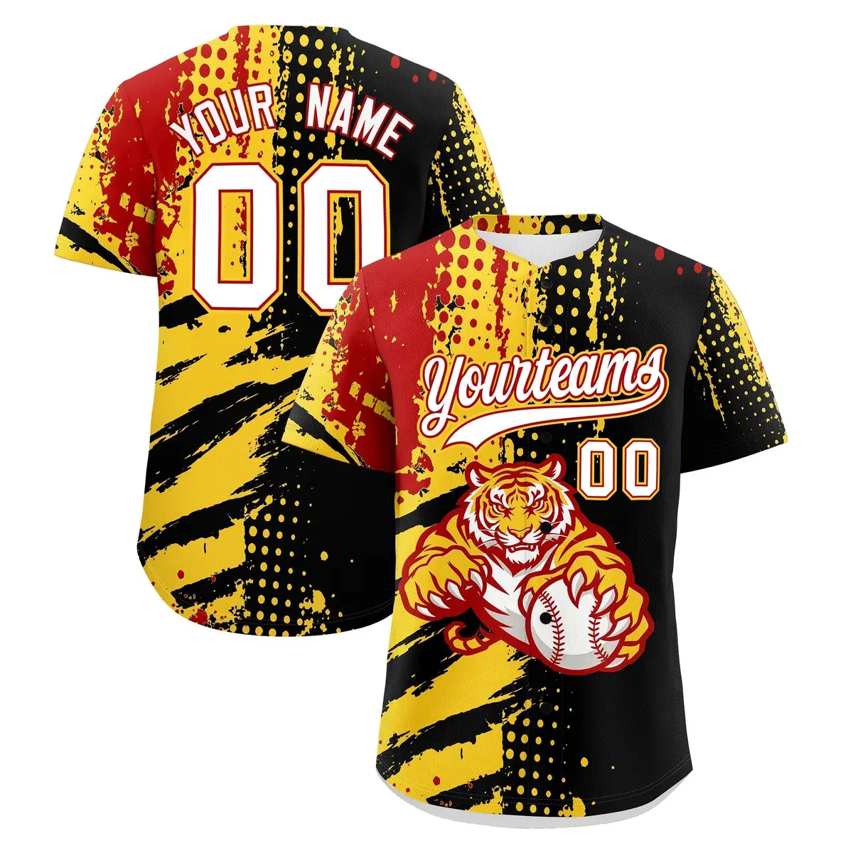 Black Red Gold Full-Snap Tiger Graffiti Baseball Jersey