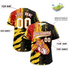 Black Red Gold Full-Snap Tiger Graffiti Baseball Jersey 2