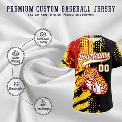 Black Red Gold Full-Snap Tiger Graffiti Baseball Jersey 3