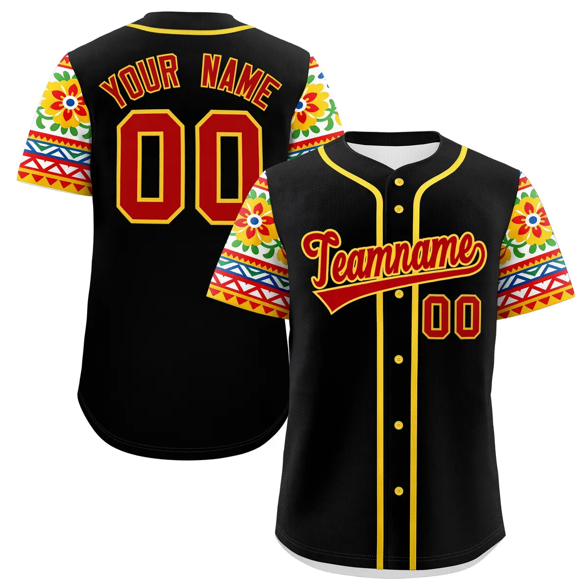Black Red Gold Graffiti Mexican Style Baseball Jersey