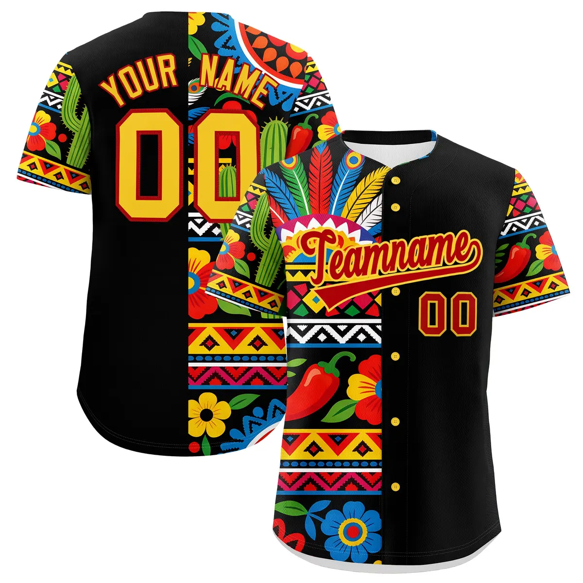 Black Red Gold Graffiti Mexican Style Baseball Jersey
