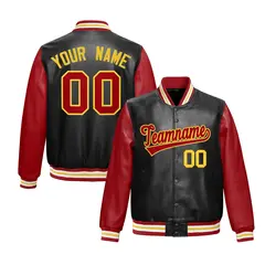 Black Red Gold Raglan Full-Snap Varsity Faux Leather Letterman Jacket 1