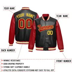 Black Red Gold Raglan Full-Snap Varsity Faux Leather Letterman Jacket 2