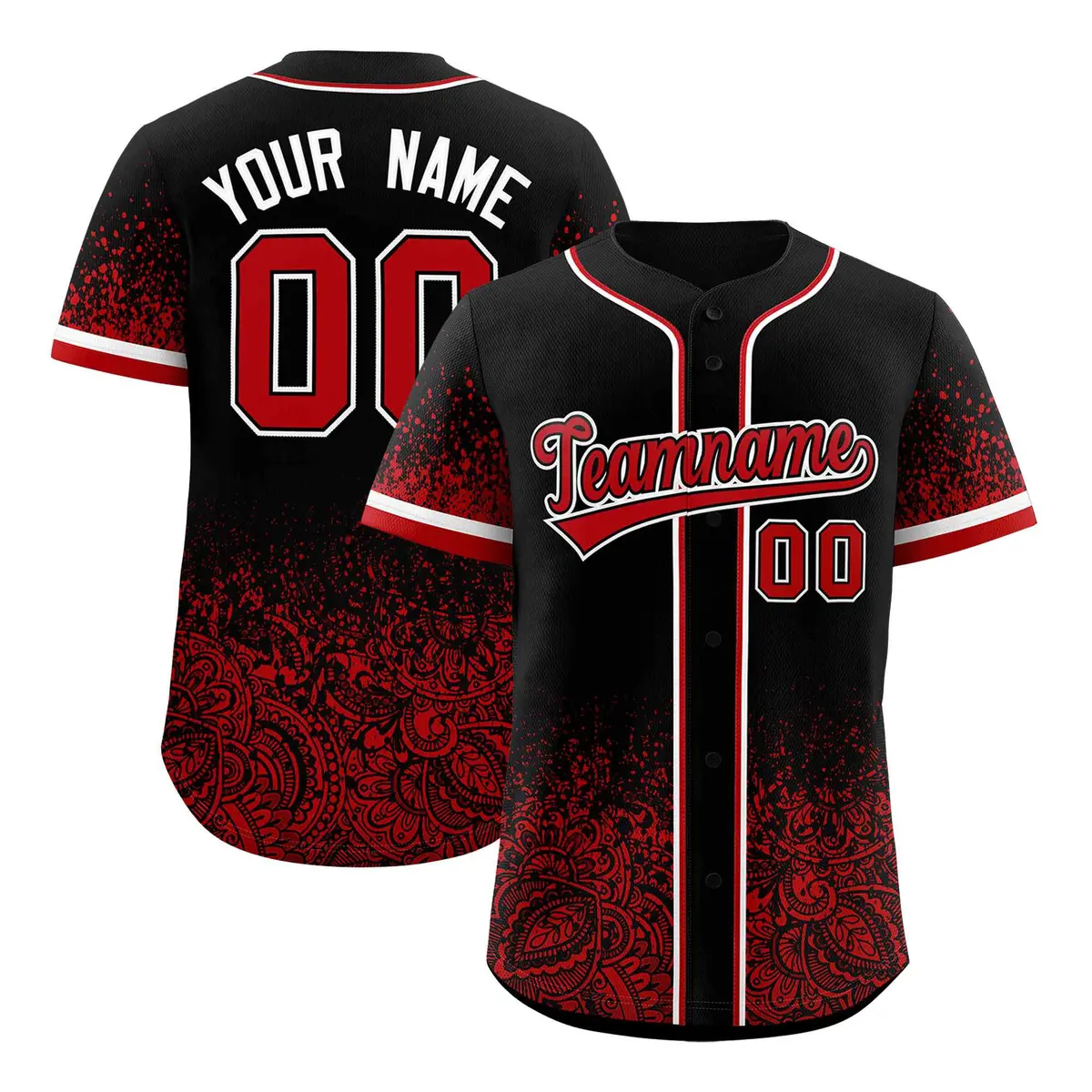 Black Red Gradient Floral Print Full Button Baseball Jersey