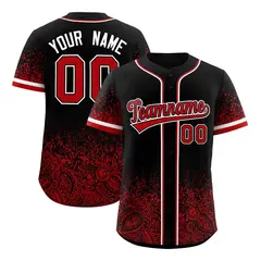 Black Red Gradient Floral Print Full Button Baseball Jersey