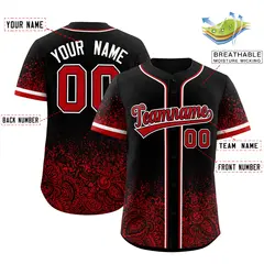Black Red Gradient Floral Print Full Button Baseball Jersey 2