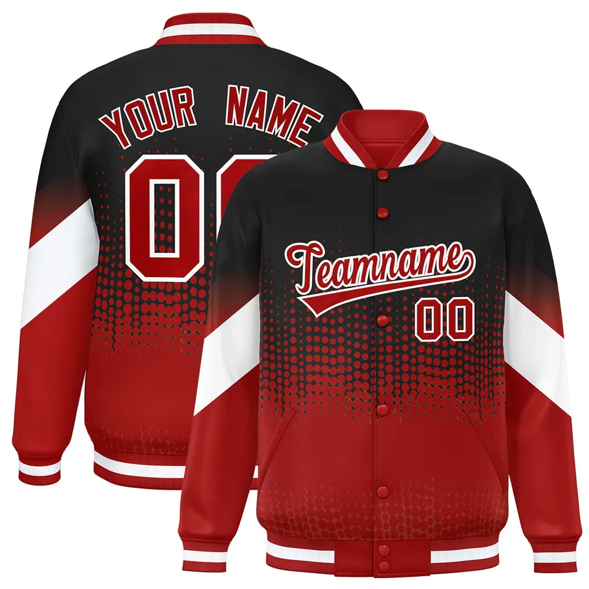 Black Red Gradient Polka Dot Varsity Full-Snap Letterman Baseball Jacket