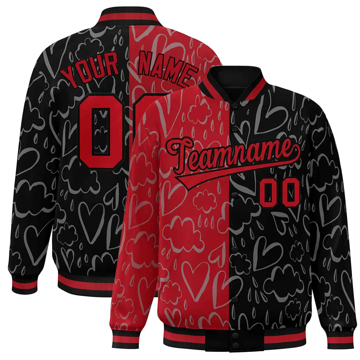Black Red Graffiti Pattern Split Letterman Bomber Baseball Jacket