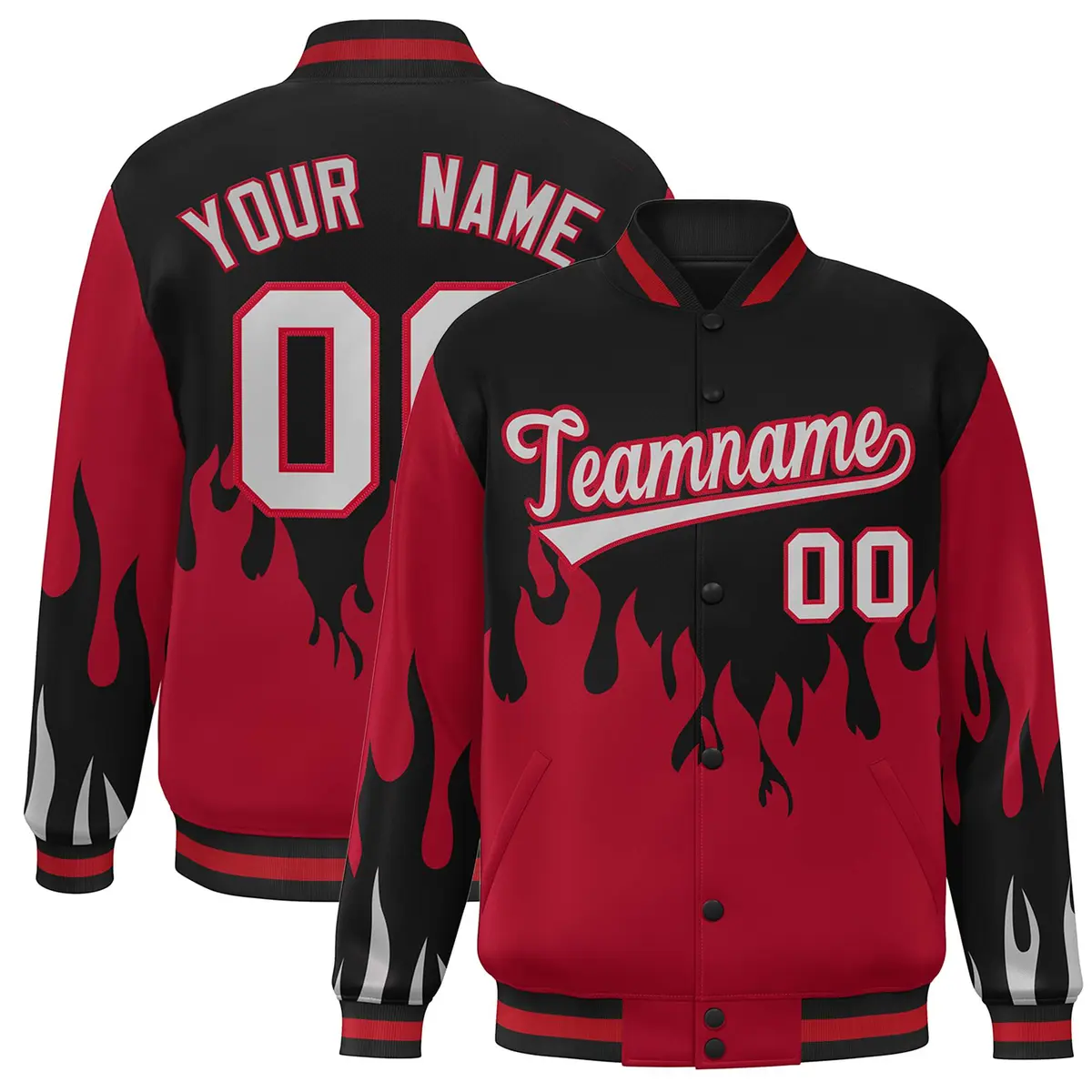 Black Red-Gray Flame Graffiti Varsity Full-Snap Bomber Jacket