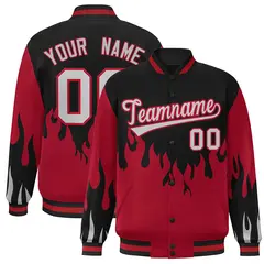 Black Red-Gray Flame Graffiti Varsity Full-Snap Bomber Jacket