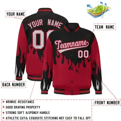 Black Red-Gray Flame Graffiti Varsity Full-Snap Bomber Jacket 2