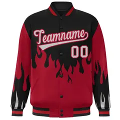 Black Red-Gray Flame Graffiti Varsity Full-Snap Bomber Jacket 3