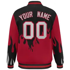 Black Red-Gray Flame Graffiti Varsity Full-Snap Bomber Jacket 4