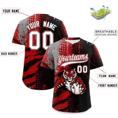 Black Red Gray Full-Snap Tiger Graffiti Baseball Jersey 2