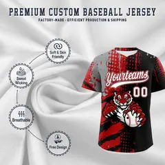 Black Red Gray Full-Snap Tiger Graffiti Baseball Jersey 3