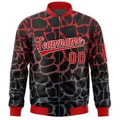 Black Red-Gray Spotted Full-Zip Letterman Bomber Jacket 3