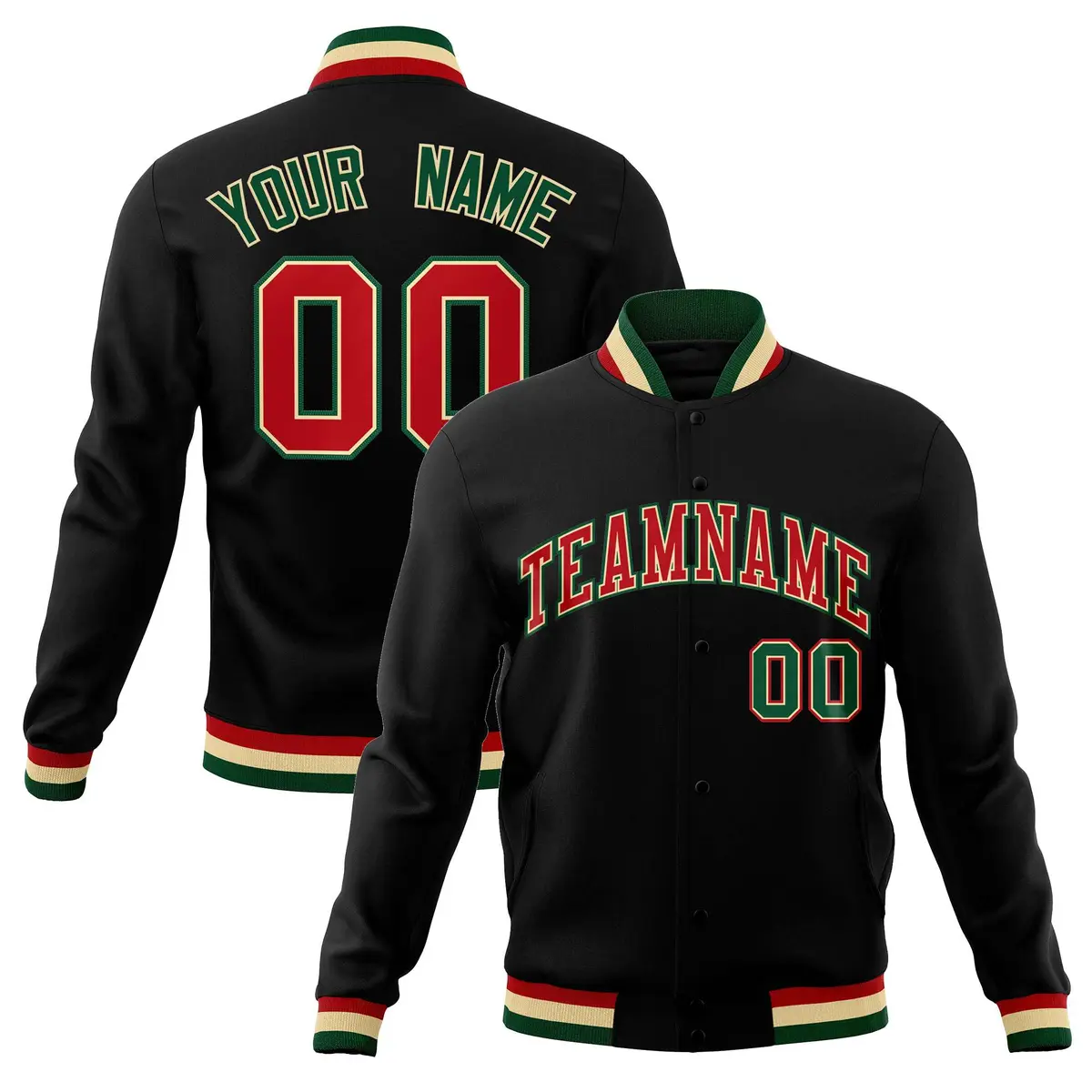 Black Red-Green Classic Varsity Full-Snap Letterman Jacket