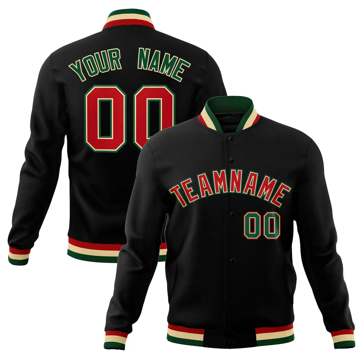Black Red-Green Classic Varsity Full-Snap Letterman Jacket