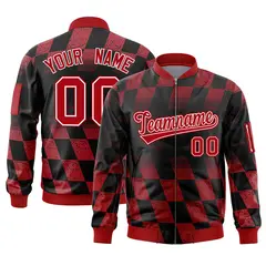 Black Red Grid Color Block Letterman Varsity Bomber Jacket