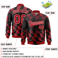 Black Red Grid Color Block Letterman Varsity Bomber Jacket 2