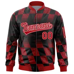 Black Red Grid Color Block Letterman Varsity Bomber Jacket 3
