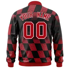 Black Red Grid Color Block Letterman Varsity Bomber Jacket 4