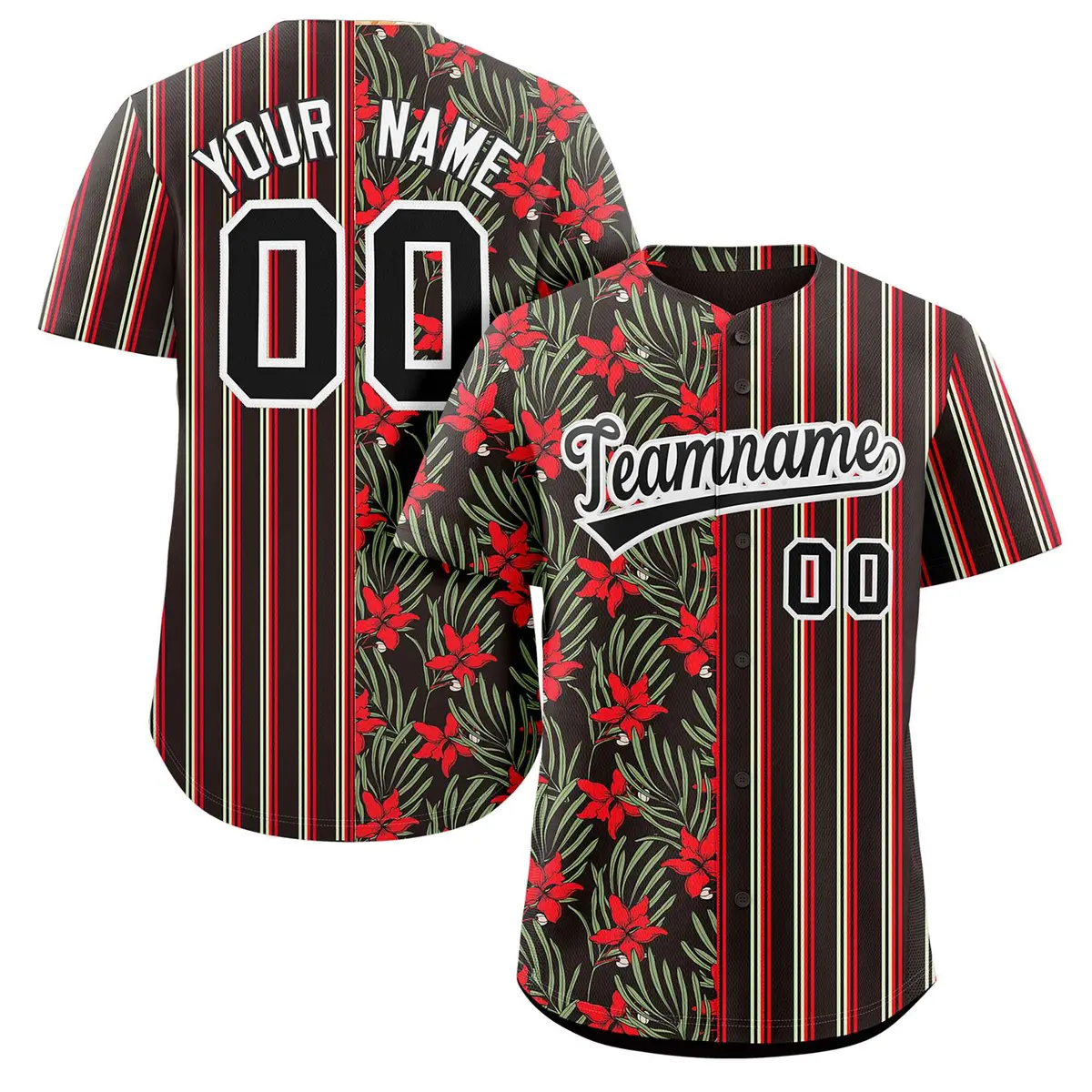 Black Red Hawaii Tropical Flower Stripe Baseball Jersey